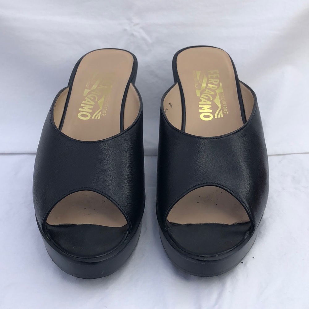 Ferragamo Wood & Leather Platform Peep Toe Slide/Mule w/3” Heel, Black - Picture 15 of 16